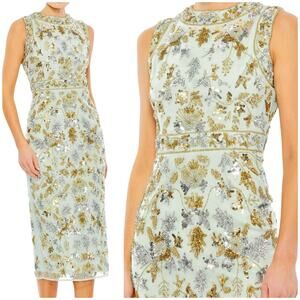 Mac Duggal NWT Green Embellished High Neck Sleeveless Sheath Midi Dress Size 2